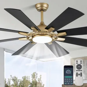 Bella Depot 60" Ceiling Fan with Light and Remote, Black and Gold Ceiling Fan, Dimmable LED Tri-Color Temperature,6-Speed Quiet DC Motor, for Bedroom, Living Room, Outdoor Patio