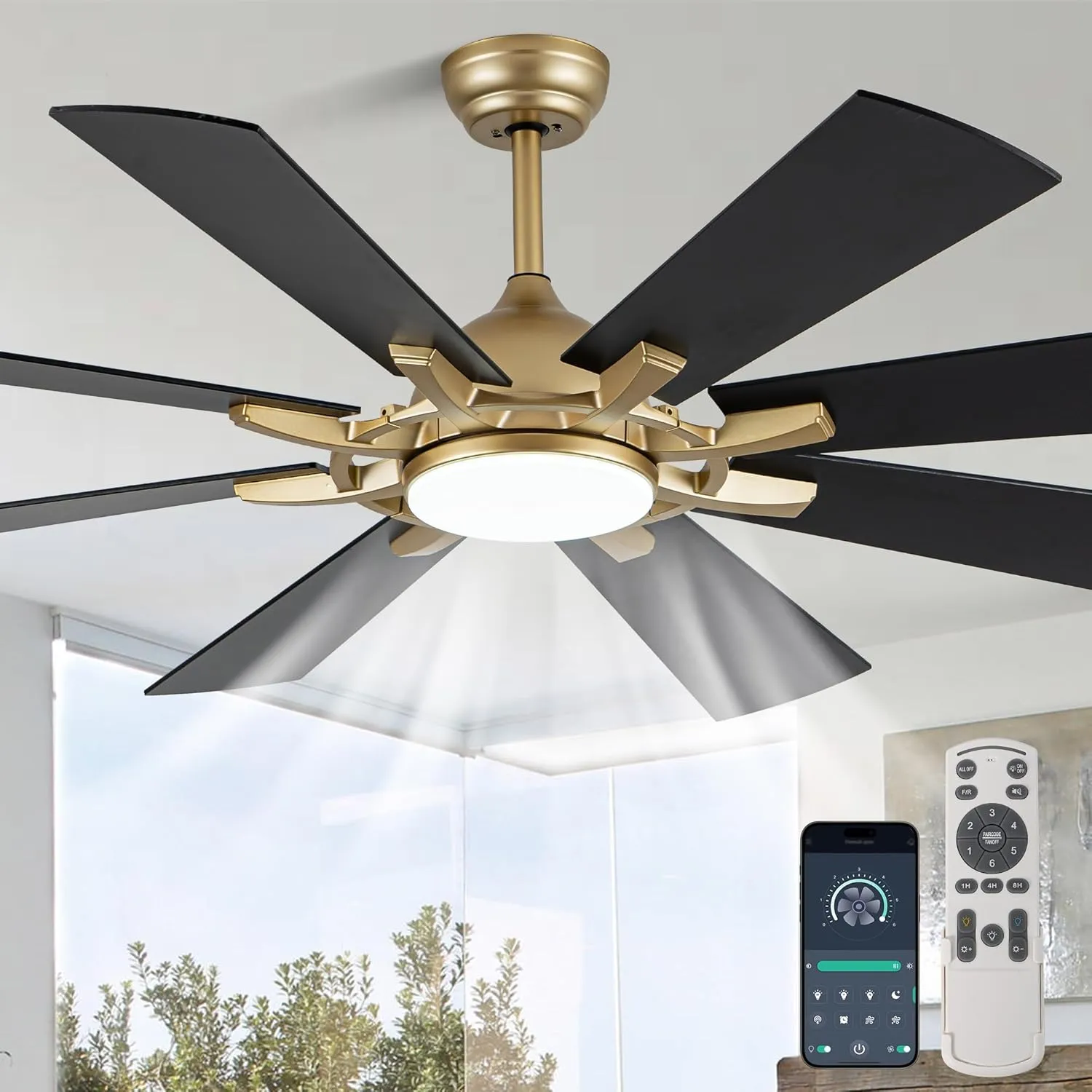 Bella Depot 60" Ceiling Fan with Light and Remote, Black and Gold Ceiling Fan, Dimmable LED Tri-Color Temperature,6-Speed Quiet DC Motor, for Bedroom, Living Room, Outdoor Patio