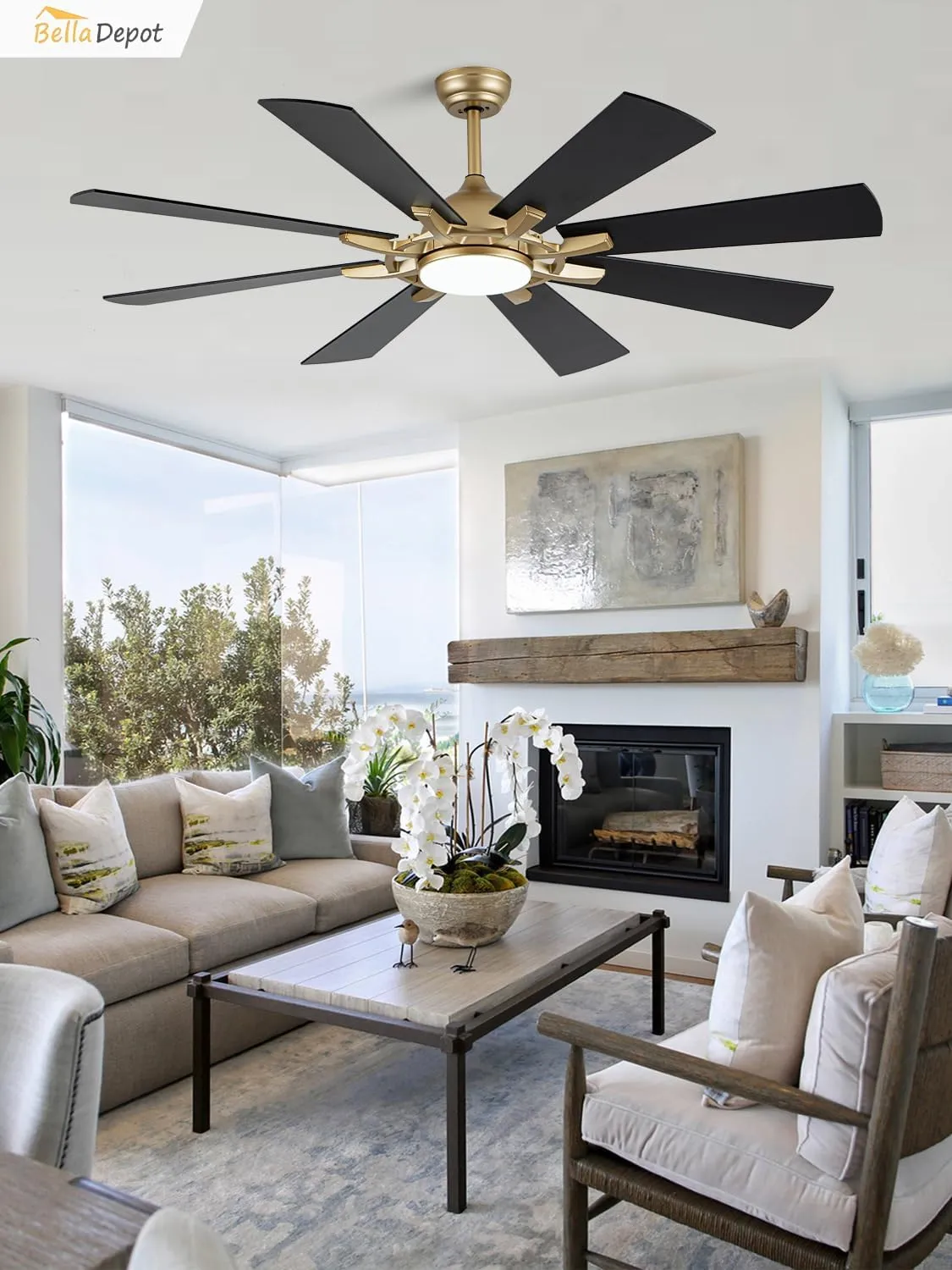 Bella Depot 60" Ceiling Fan with Light and Remote, Black and Gold Ceiling Fan, Dimmable LED Tri-Color Temperature,6-Speed Quiet DC Motor, for Bedroom, Living Room, Outdoor Patio
