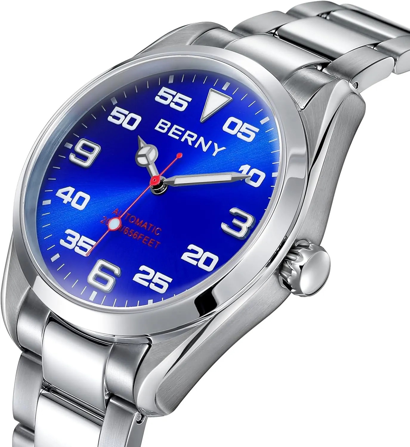 BERNY Automatic Watch for Men Fashion 200M Waterproof Men's Wristwatch Silver Analog Mechanical Watch Full Stainless Steel AR Coated Sapphire Crystal Screw-in Crown Sun-ray Dial Birthday Present