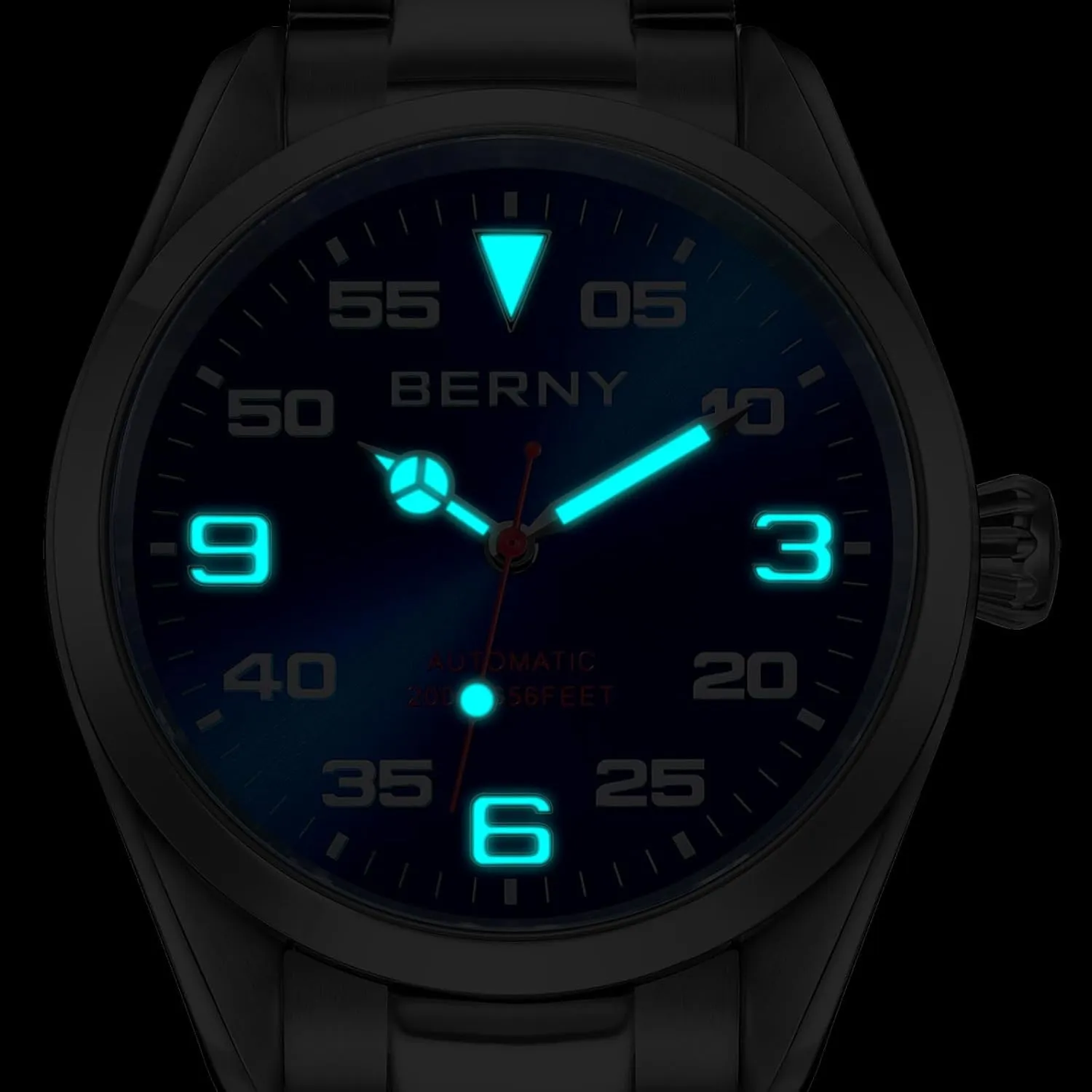 BERNY Automatic Watch for Men Fashion 200M Waterproof Men's Wristwatch Silver Analog Mechanical Watch Full Stainless Steel AR Coated Sapphire Crystal Screw-in Crown Sun-ray Dial Birthday Present