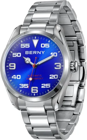 BERNY Automatic Watch for Men Fashion 200M Waterproof Men's Wristwatch Silver Analog Mechanical Watch Full Stainless Steel AR Coated Sapphire Crystal Screw-in Crown Sun-ray Dial Birthday Present