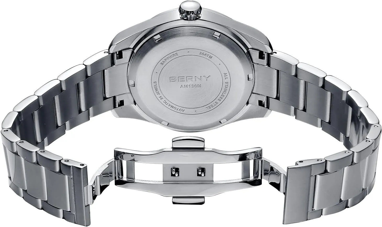 BERNY Automatic Watch for Men Fashion 200M Waterproof Men's Wristwatch Silver Analog Mechanical Watch Full Stainless Steel AR Coated Sapphire Crystal Screw-in Crown Sun-ray Dial Birthday Present