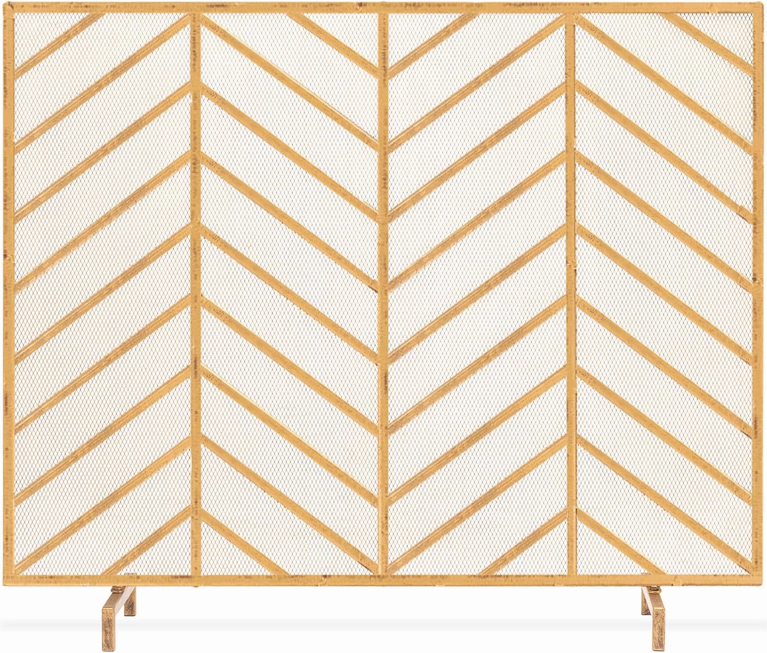 Best Choice Products 38x31in Single Panel Handcrafted Wrought Iron Mesh Chevron Fireplace Screen, Fire Spark Guard for Living Room, Bedroom Décor w/Distressed Antique Finish - Gold