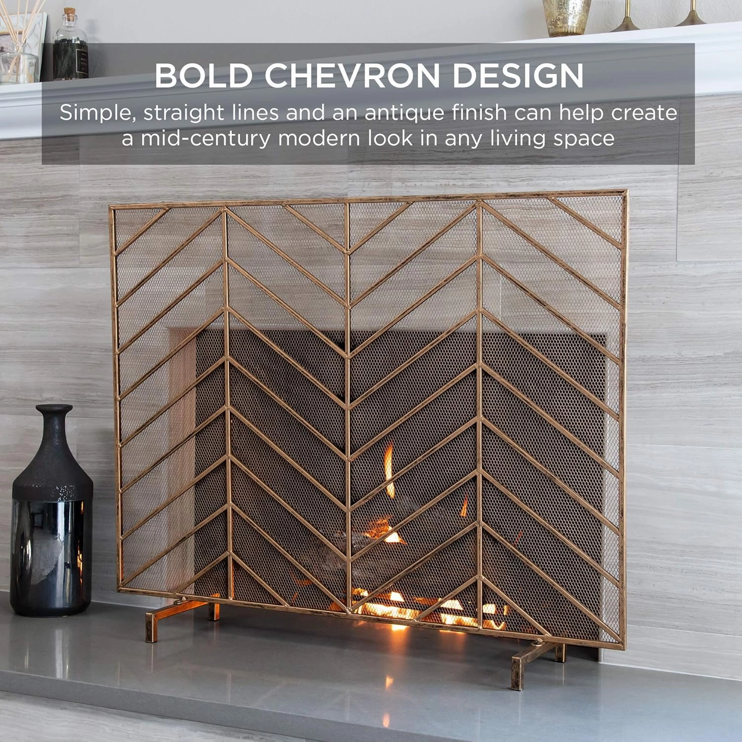 Best Choice Products 38x31in Single Panel Handcrafted Wrought Iron Mesh Chevron Fireplace Screen, Fire Spark Guard for Living Room, Bedroom Décor w/Distressed Antique Finish - Gold