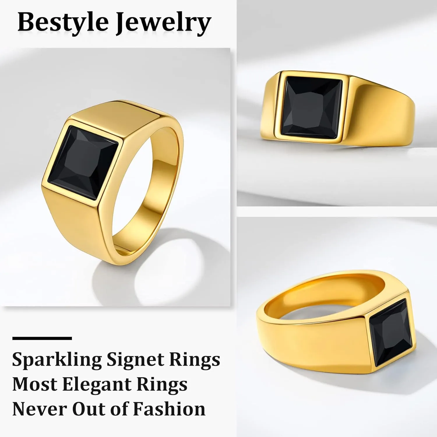 Bestyle Stainless Steel Men Signet Ring-Black/Blue Gemstone Band Ring-Classic Simple Thick Men Ring Size 7-14
