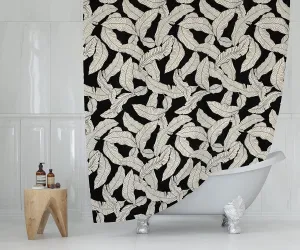 Black and Cream Banana Leaf Shower Curtain – 72x72 Tropical Botanical Fabric Bathroom Curtain, Minimalist Neutral Design, Modern Boho Aesthetic for Apartments or Guest Bathroom Decor