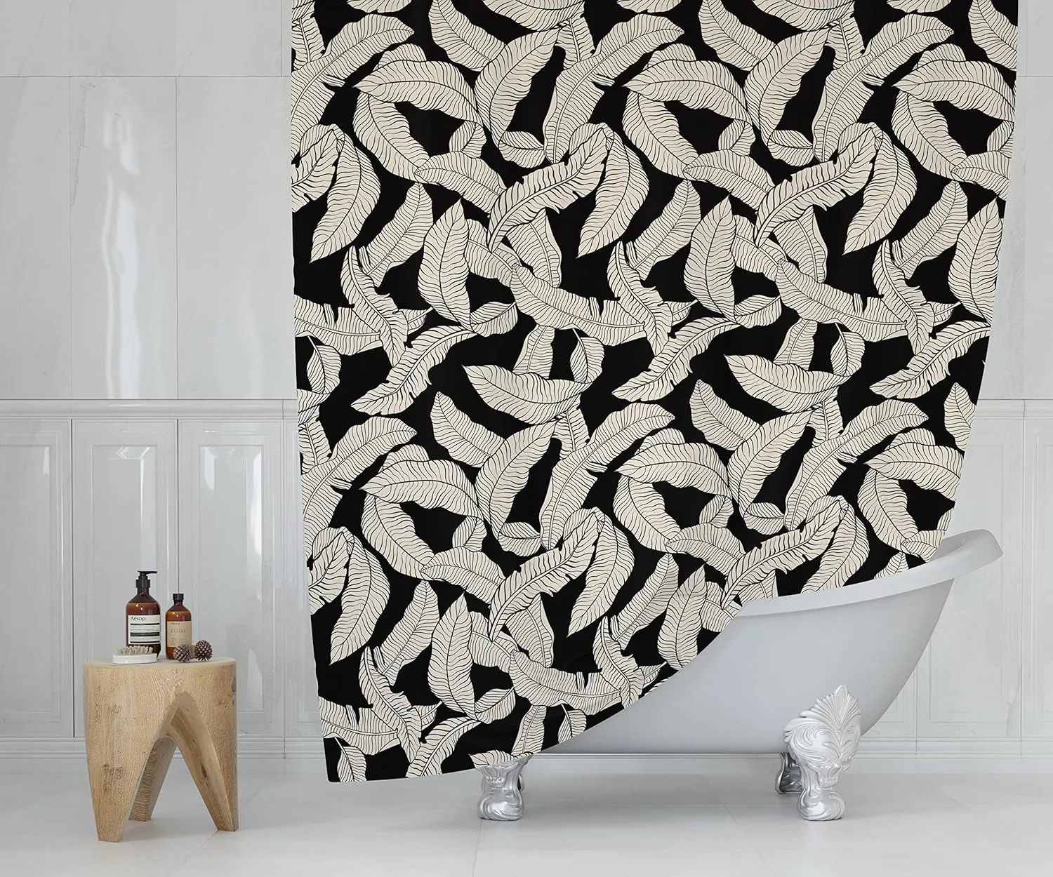 Black and Cream Banana Leaf Shower Curtain – 72x72 Tropical Botanical Fabric Bathroom Curtain, Minimalist Neutral Design, Modern Boho Aesthetic for Apartments or Guest Bathroom Decor