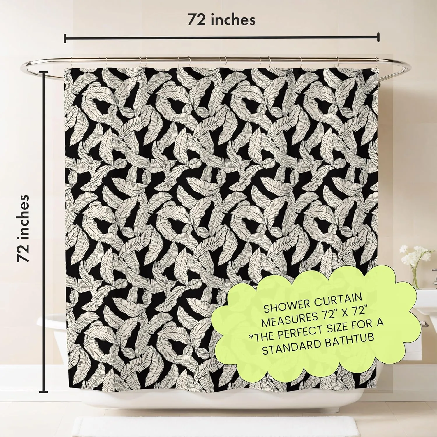 Black and Cream Banana Leaf Shower Curtain – 72x72 Tropical Botanical Fabric Bathroom Curtain, Minimalist Neutral Design, Modern Boho Aesthetic for Apartments or Guest Bathroom Decor