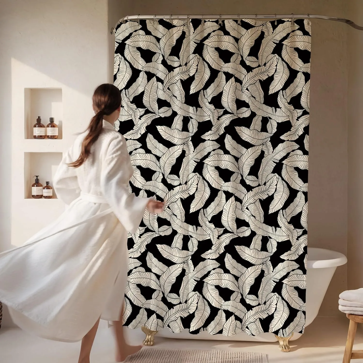 Black and Cream Banana Leaf Shower Curtain – 72x72 Tropical Botanical Fabric Bathroom Curtain, Minimalist Neutral Design, Modern Boho Aesthetic for Apartments or Guest Bathroom Decor
