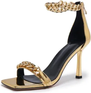 Black and Gold Heels for Women Square Open Toe Stiletto High 3 inch Heels with Back Zip Design