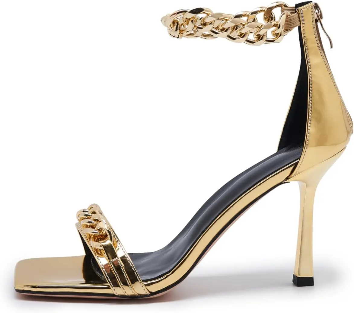Black and Gold Heels for Women Square Open Toe Stiletto High 3 inch Heels with Back Zip Design