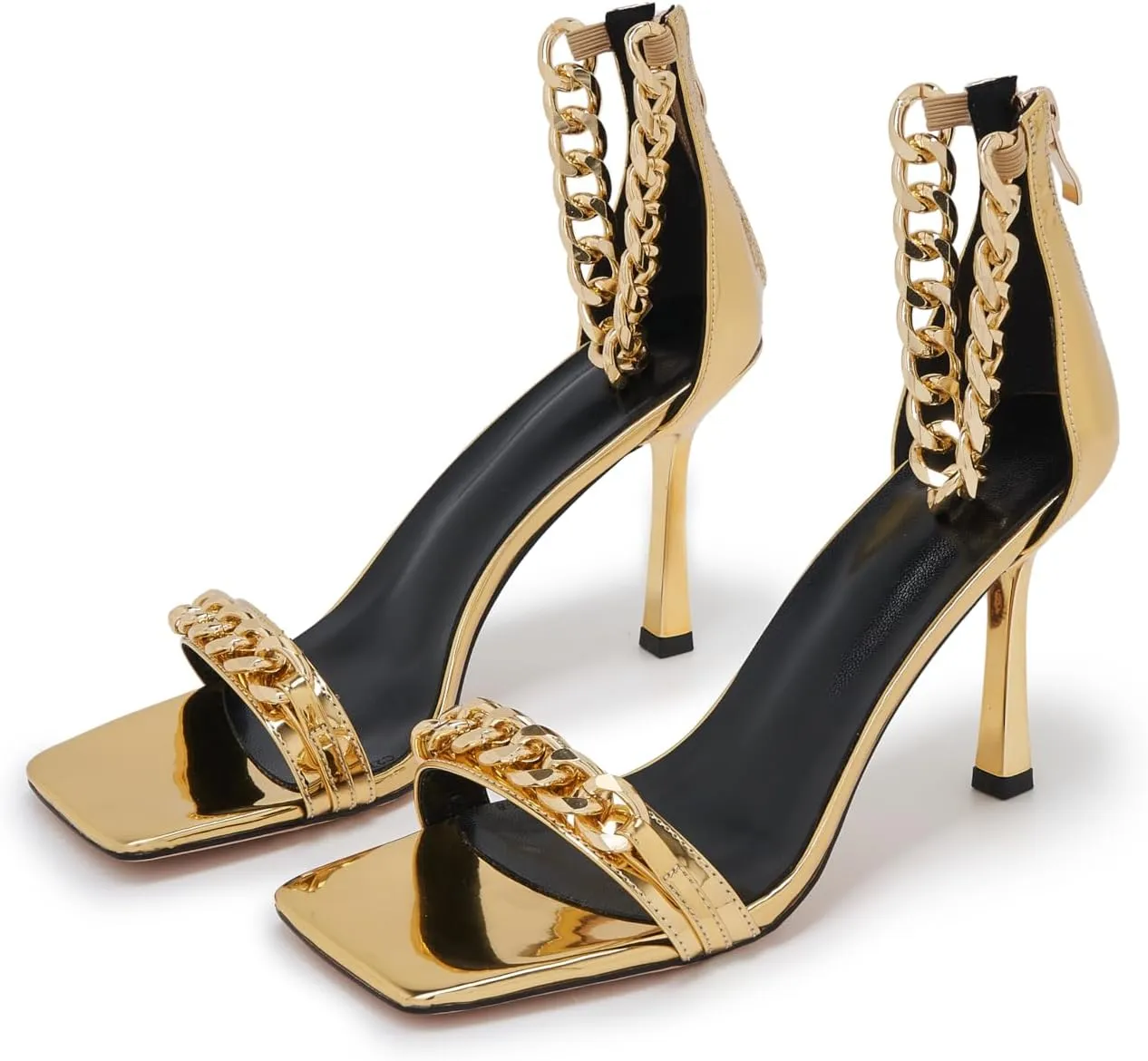 Black and Gold Heels for Women Square Open Toe Stiletto High 3 inch Heels with Back Zip Design