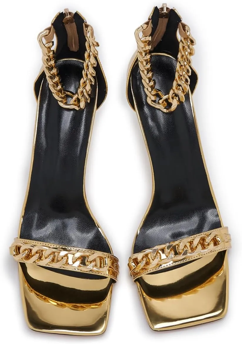 Black and Gold Heels for Women Square Open Toe Stiletto High 3 inch Heels with Back Zip Design