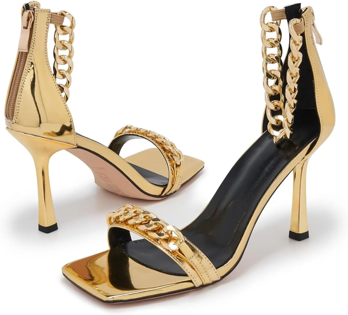 Black and Gold Heels for Women Square Open Toe Stiletto High 3 inch Heels with Back Zip Design