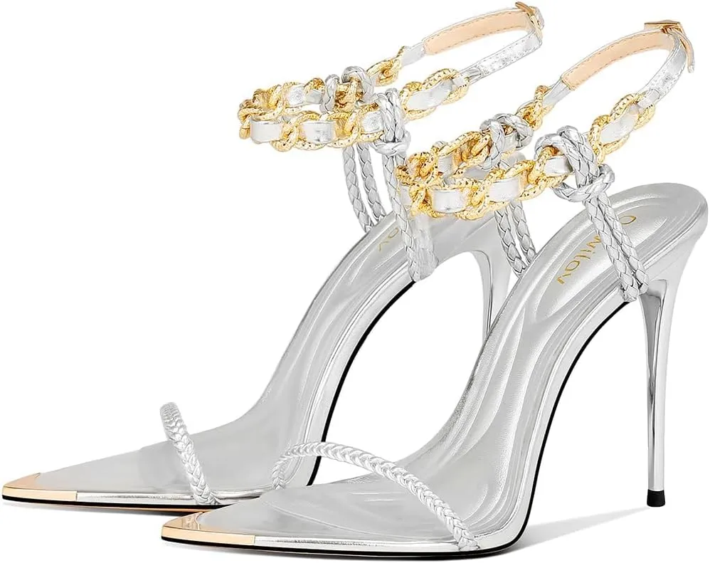 Black Pumps for Women Gold Chain Ankle Strap Open Toe Pointed Toe Stiletto High Heels for Formal Events Weddings Parties and Evening Wear