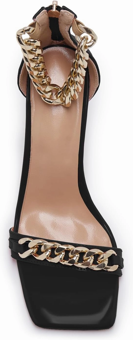 Black and Gold Heels for Women Square Open Toe Stiletto High 3 inch Heels with Back Zip Design