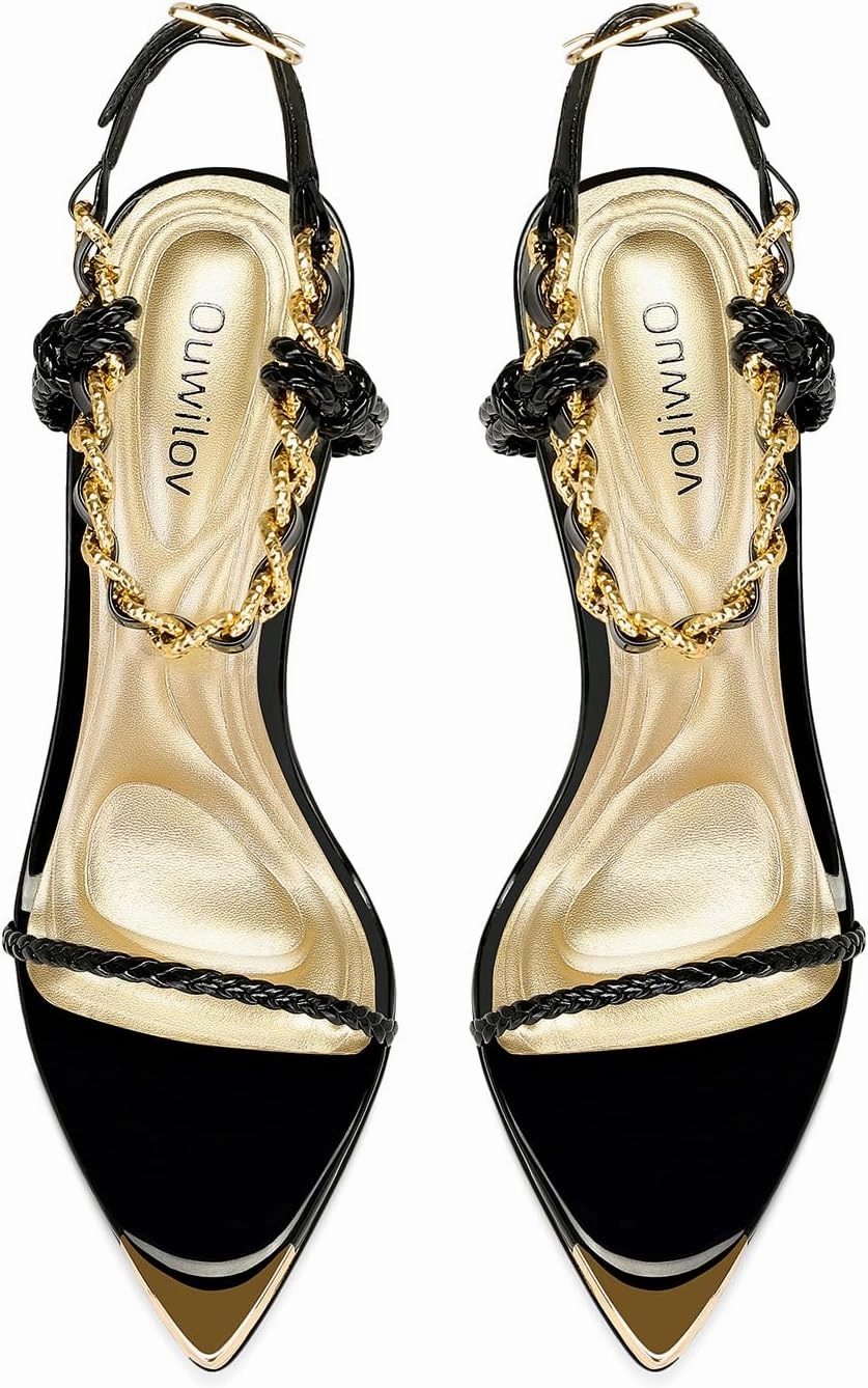 Black Pumps for Women Gold Chain Ankle Strap Open Toe Pointed Toe Stiletto High Heels for Formal Events Weddings Parties and Evening Wear