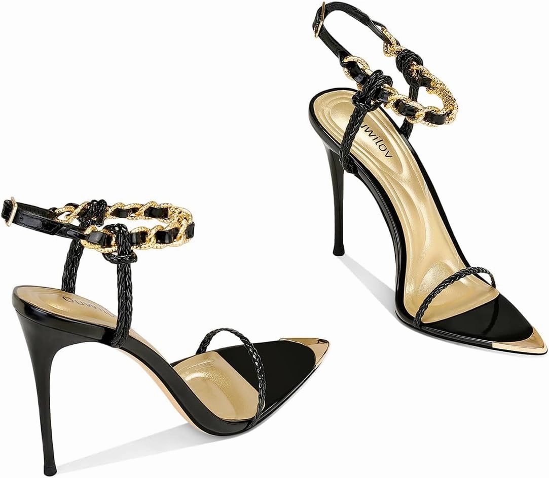 Black Pumps for Women Gold Chain Ankle Strap Open Toe Pointed Toe Stiletto High Heels for Formal Events Weddings Parties and Evening Wear