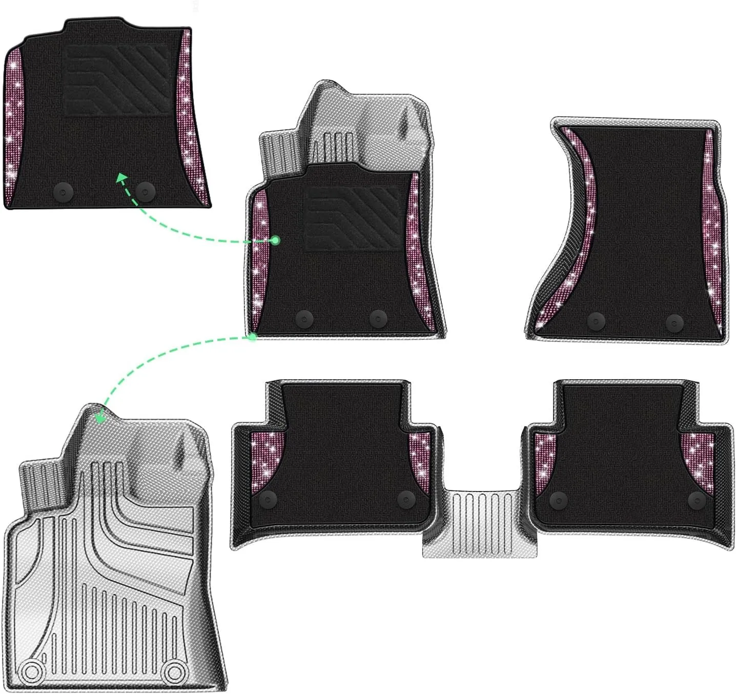 Bling Floor Mats Fit for Porsche Macan 2014-2025 Bling Diamond Double Layer Floor Mats, Shining Rhinestone Carpet Sparkly Glitter Crystal Custom Fit 3D All Weather Car Mats, Black Pink