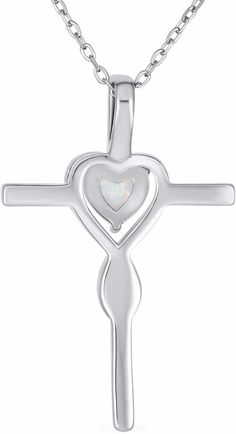 Bling Jewelry Timeless Religious Faith Hope Love Forever Gemstone Created White Opal Heart Infinity Cross Necklace Pendant For Women Teen .925 Sterling Silver October Birthstone