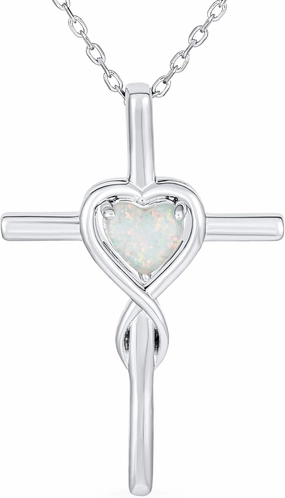 Bling Jewelry Timeless Religious Faith Hope Love Forever Gemstone Created White Opal Heart Infinity Cross Necklace Pendant For Women Teen .925 Sterling Silver October Birthstone