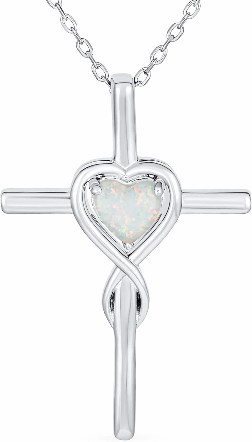 Bling Jewelry Timeless Religious Faith Hope Love Forever Gemstone Created White Opal Heart Infinity Cross Necklace Pendant For Women Teen .925 Sterling Silver October Birthstone