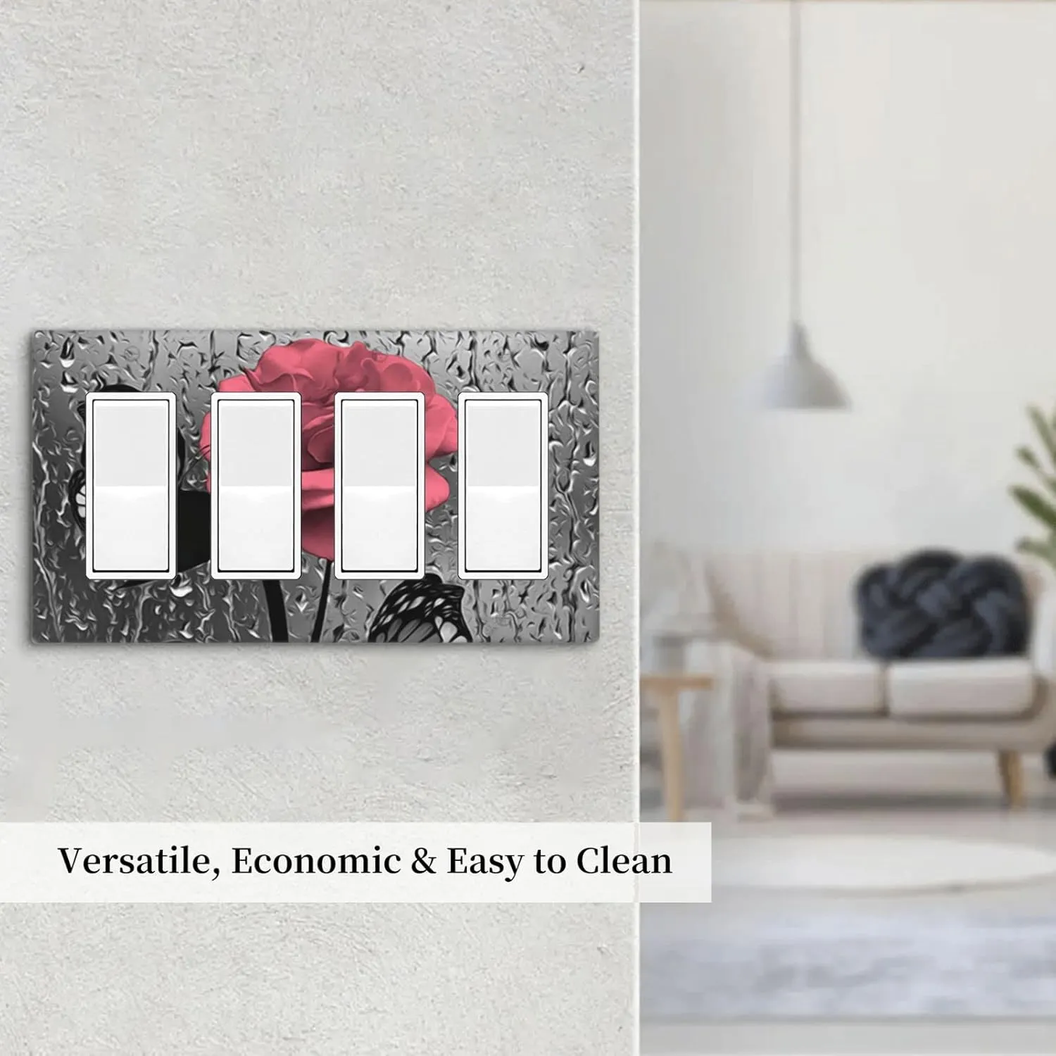 Blush Pink Gray Rose Flower 4 Gang Rocker Light Switch Cover Quad Decorator Wall Plate Decorative Outlet Covers Switchplate Electrical Faceplate for Kitchen Bathroom Farmhouse Home Wall Panel Decor