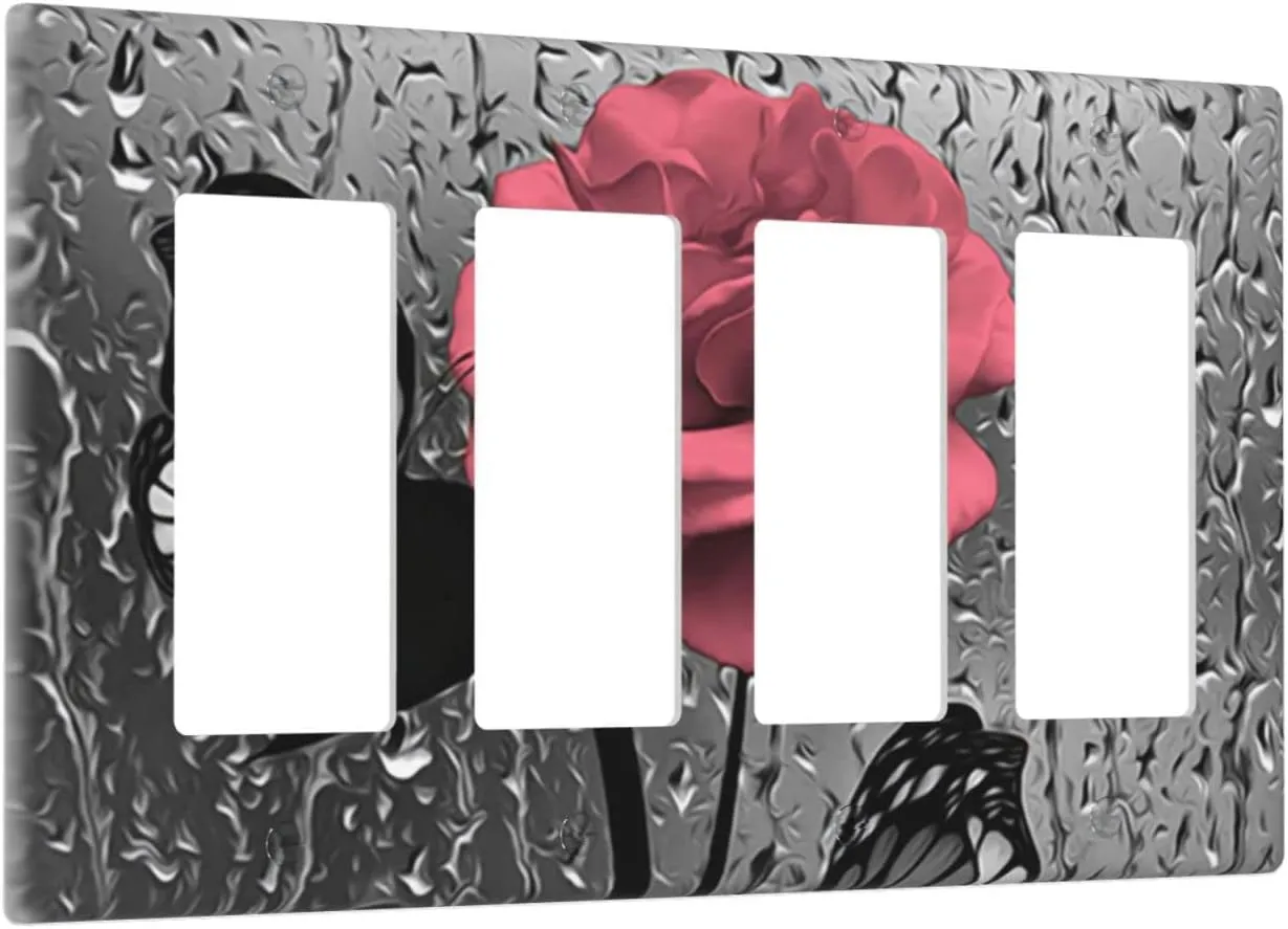 Blush Pink Gray Rose Flower 4 Gang Rocker Light Switch Cover Quad Decorator Wall Plate Decorative Outlet Covers Switchplate Electrical Faceplate for Kitchen Bathroom Farmhouse Home Wall Panel Decor