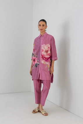 Blush Pink Silk Chanderi Peony Flower Printed Shirt