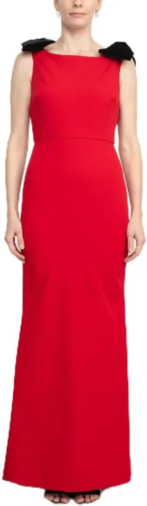 Boat Neck Sleeveless Bow Shoulder Detail Zipper Back Solid Mermaid Gown RED / 10