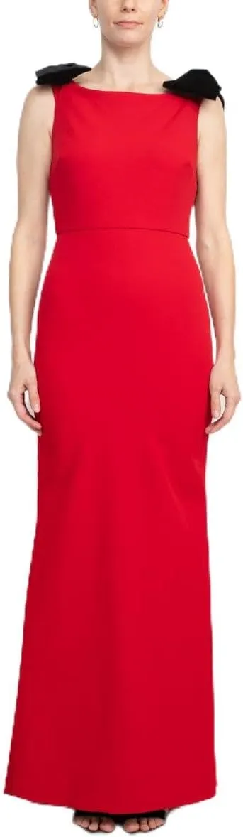 Boat Neck Sleeveless Bow Shoulder Detail Zipper Back Solid Mermaid Gown RED / 10