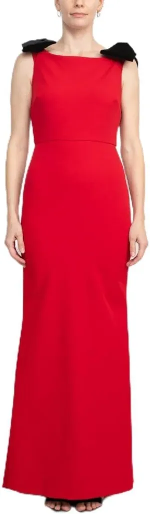 Boat Neck Sleeveless Bow Shoulder Detail Zipper Back Solid Mermaid Gown RED / 12