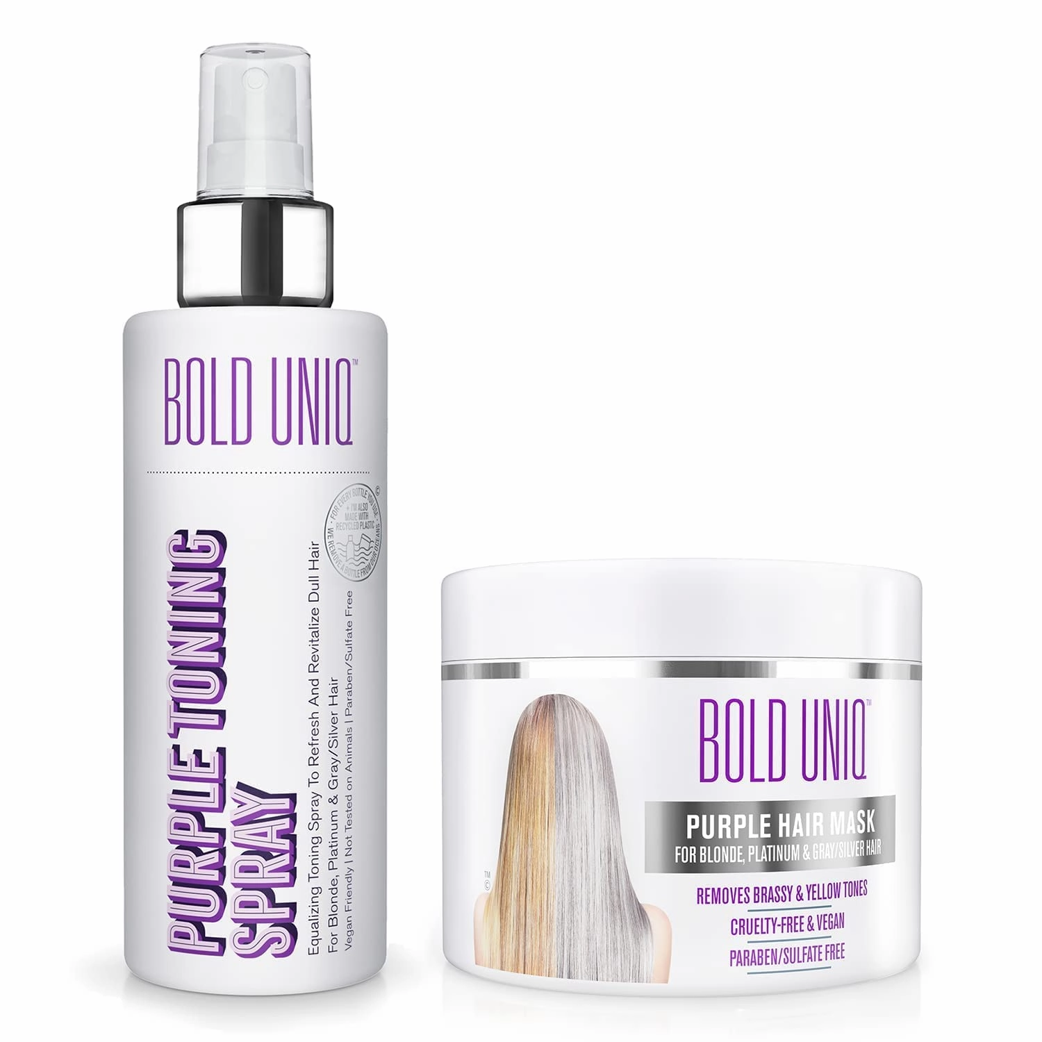 Bold Uniq Blonde Toner Spray & Purple Mask Bundle. Remove Brassy Yellow tones in Blonde, Platinum & Gray/Silver Hair. Paraben & Sulfate Free. Vegan & Cruelty Free.