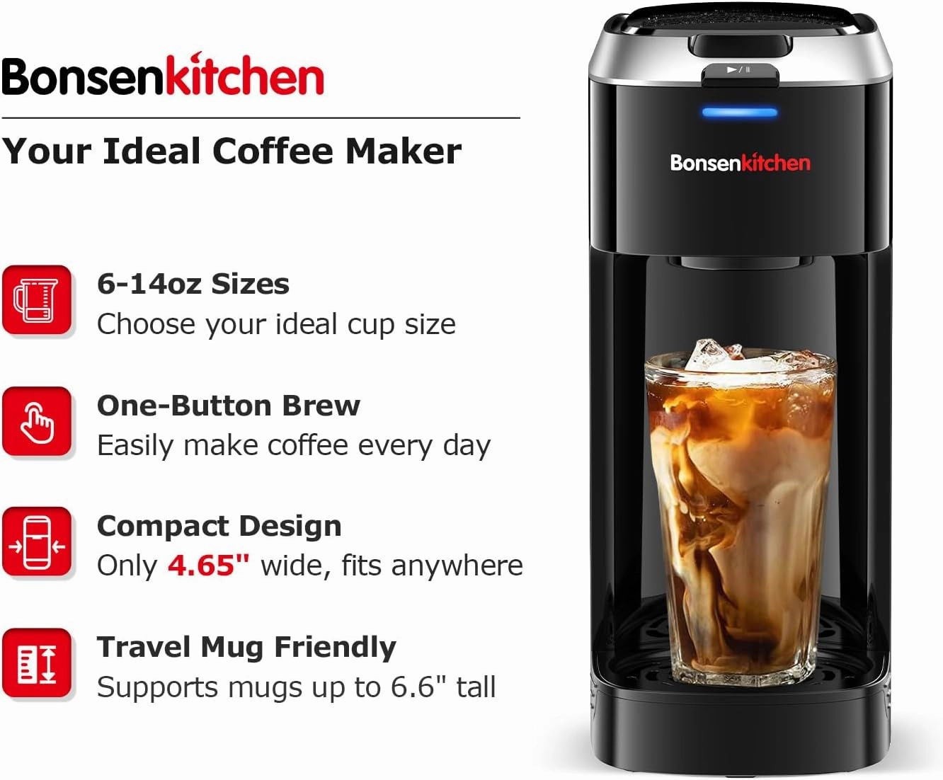 Bonsenkitchen Single Serve Coffee Maker, Coffee Brewer for K Cup Capsule, Fast Brewing Coffee Machine, Space Saving Design, 6 to 14oz Brew Size, Fits 6.6" Travel Mugs, Silver