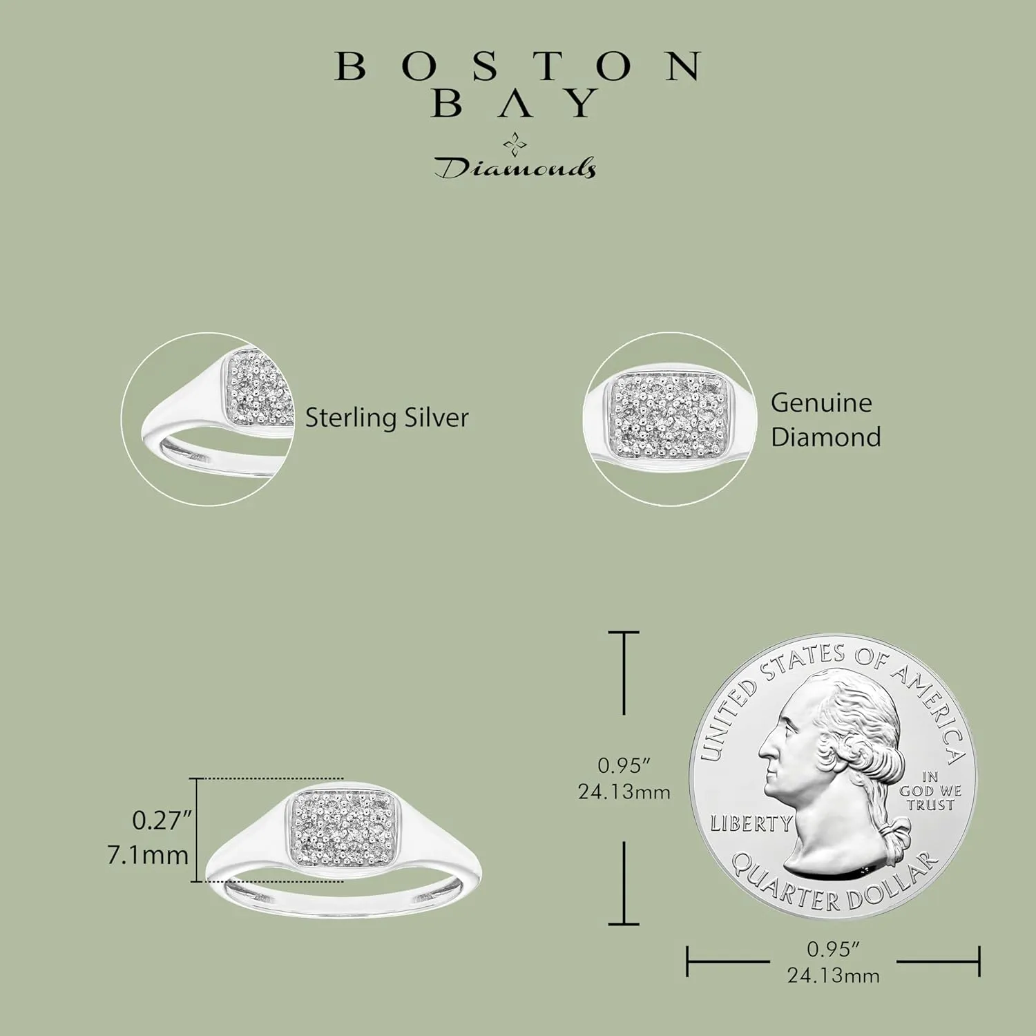 Boston Bay Diamonds Diamond Signet Ring in 14K Yellow Gold or Rhodium Plated Sterling Silver, Choice of Style