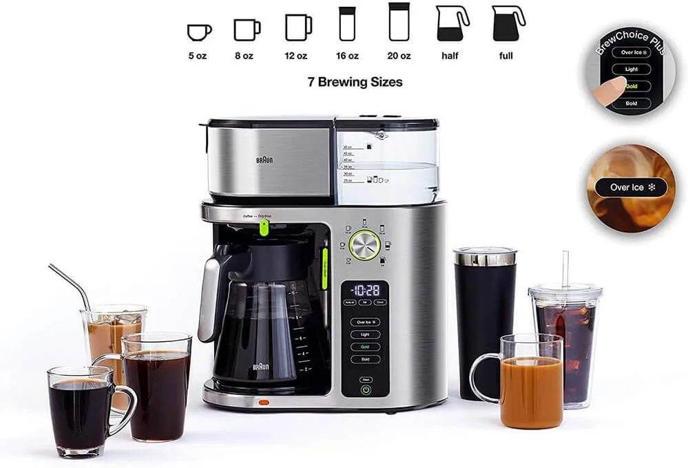 Braun MultiServe Coffee Machine 7 Programmable Brew Sizes / 3 Strengths   Iced Coffee & Hot Water for Tea, Glass Carafe (10-Cup), White, KF9150WH