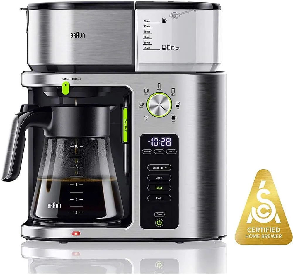 Braun MultiServe Coffee Machine 7 Programmable Brew Sizes / 3 Strengths   Iced Coffee & Hot Water for Tea, Glass Carafe (10-Cup), White, KF9150WH