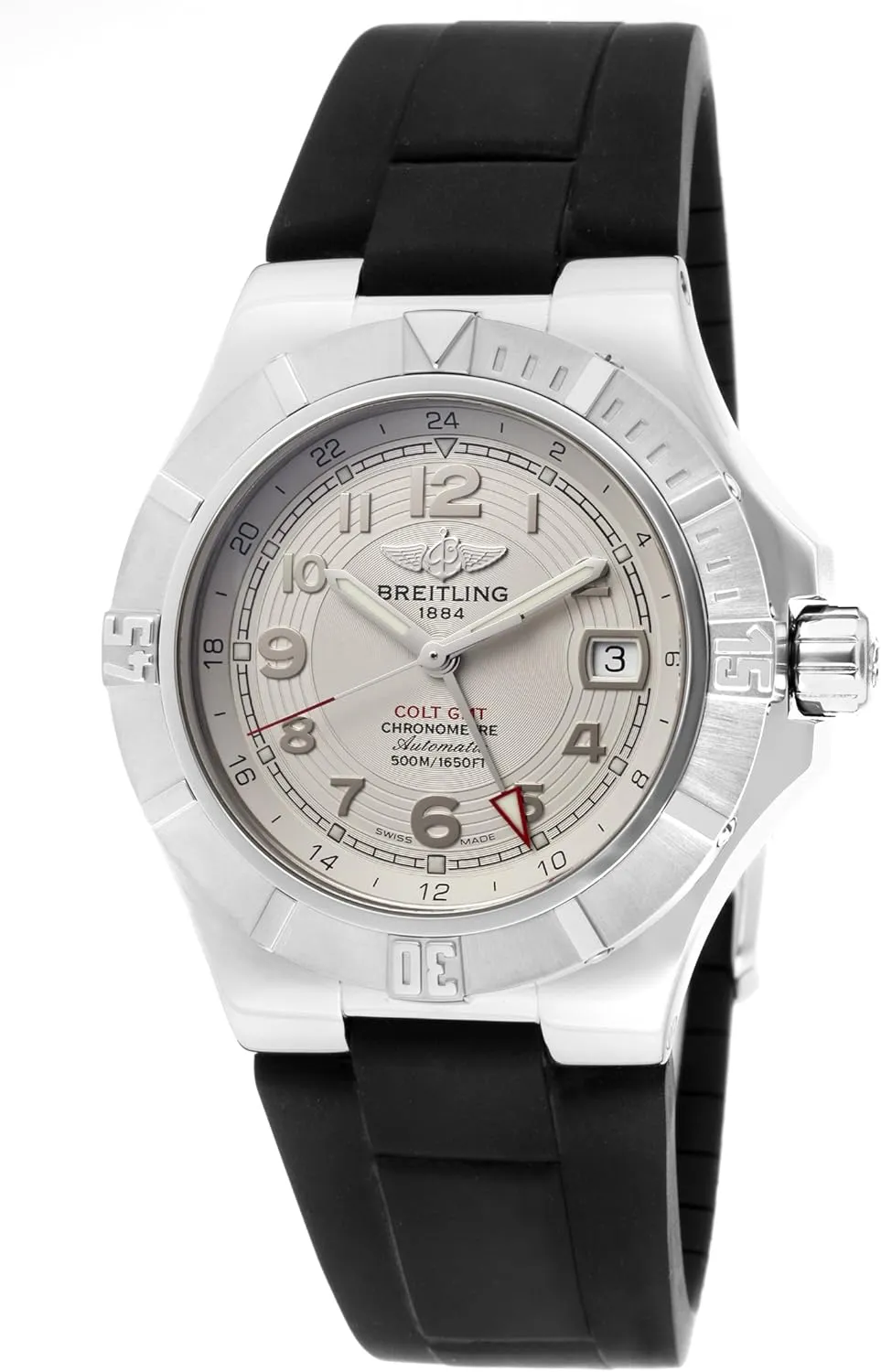 Breitling Men's Aeromarine Auto/Mechanical GMT Stratus Silver Dial Black Rubber