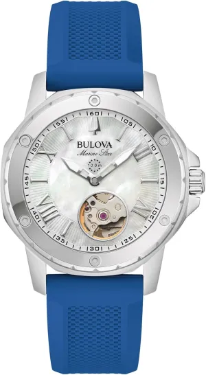 Bulova Ladies' Marine Star Automatic Stainless Steel Case and Blue Silicone Strap, Mother of Pear Dial Style:96l324