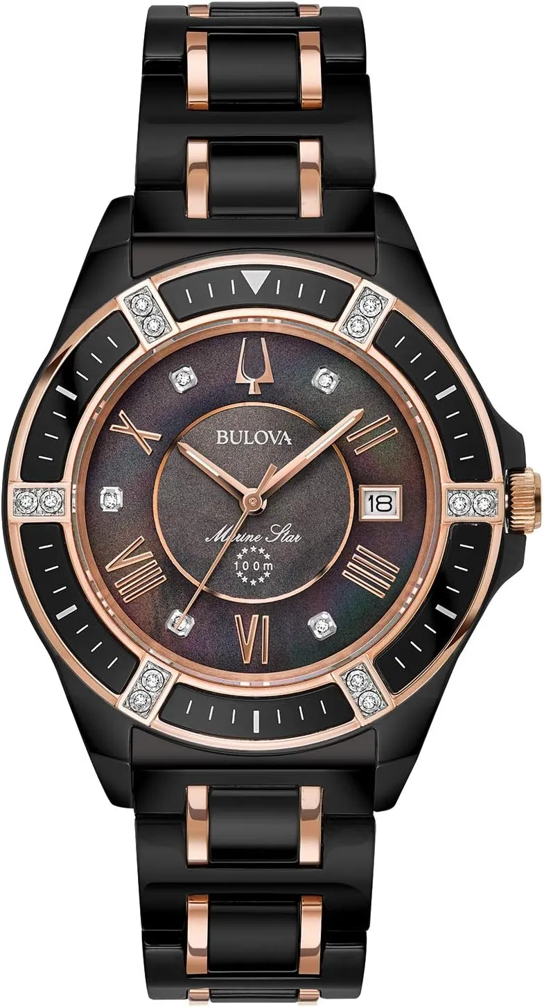 Bulova Ladies' Marine Star 'Series L' 3-Hand Day Date Quartz Diamond Ceramic Watch, Sapphire Crystal, 100M Water Resistant, Mother-of-Pearl Dial, 37mm