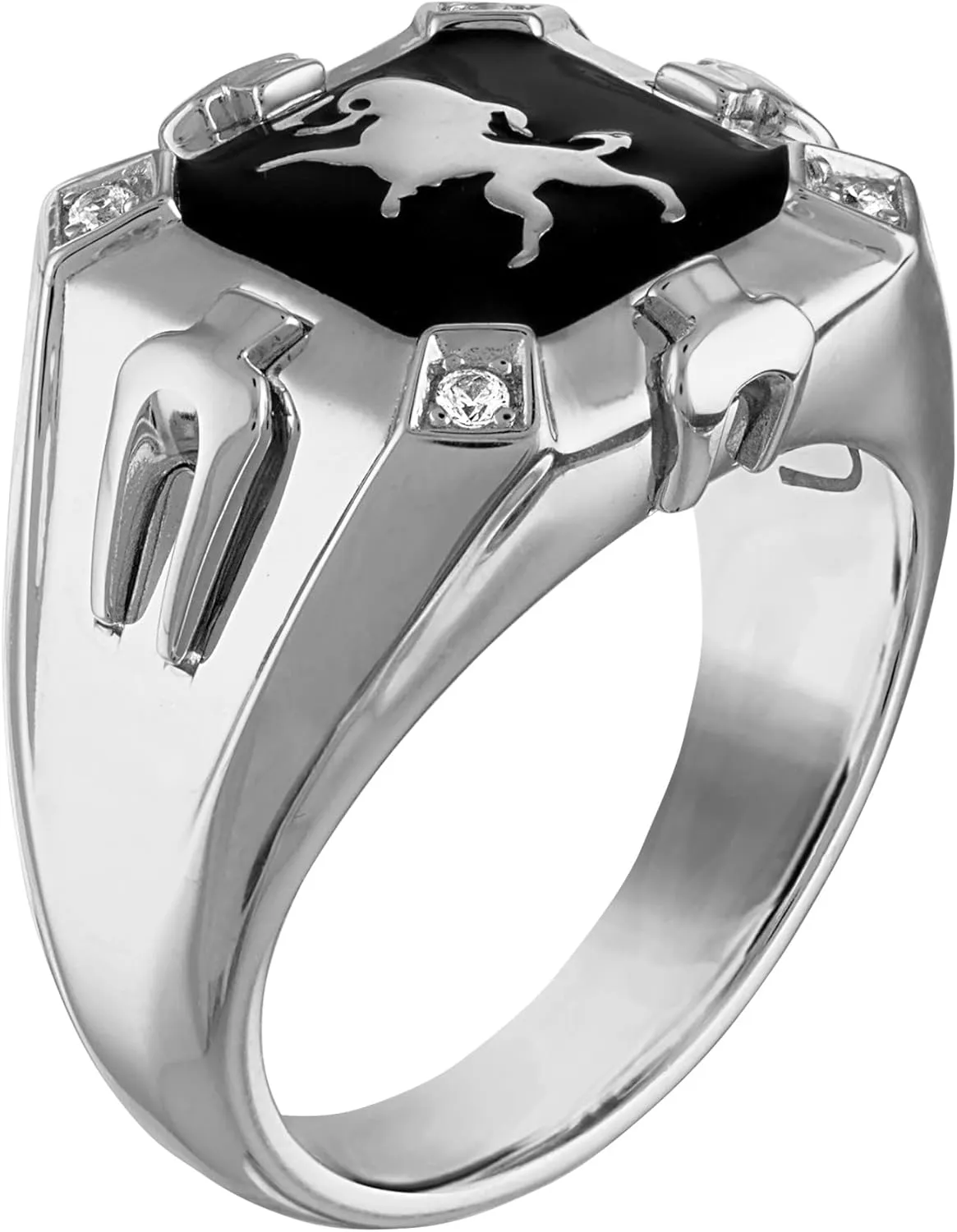 Bulova Men's Jewerly Crest of Bohemia Rhodium Plated Sterling Silver and Black Enamel Ring, 4 Diamonds, Signature Tuning Fork