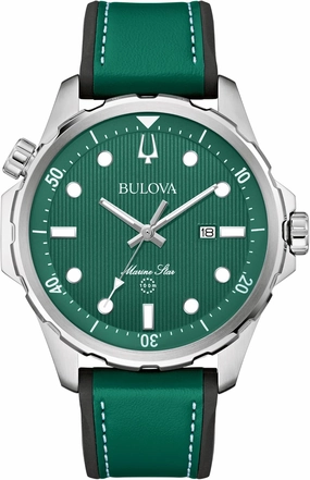 Bulova Men's Marine Star Quartz Silver Stainless Steel Watch, Leather and Silicone Strap, 100M Water Resistant, 43mm