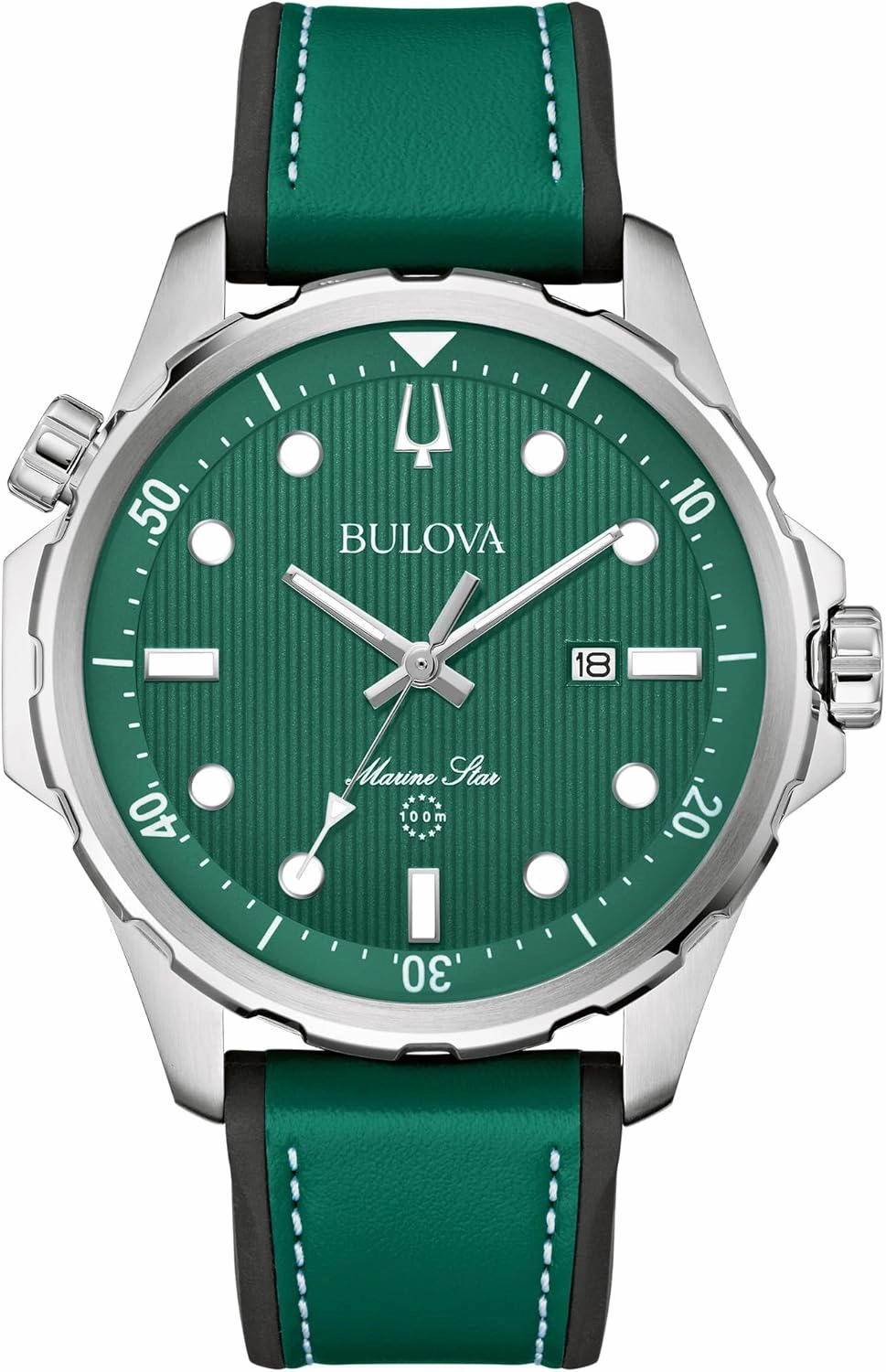 Bulova Men's Marine Star Quartz Silver Stainless Steel Watch, Leather and Silicone Strap, 100M Water Resistant, 43mm