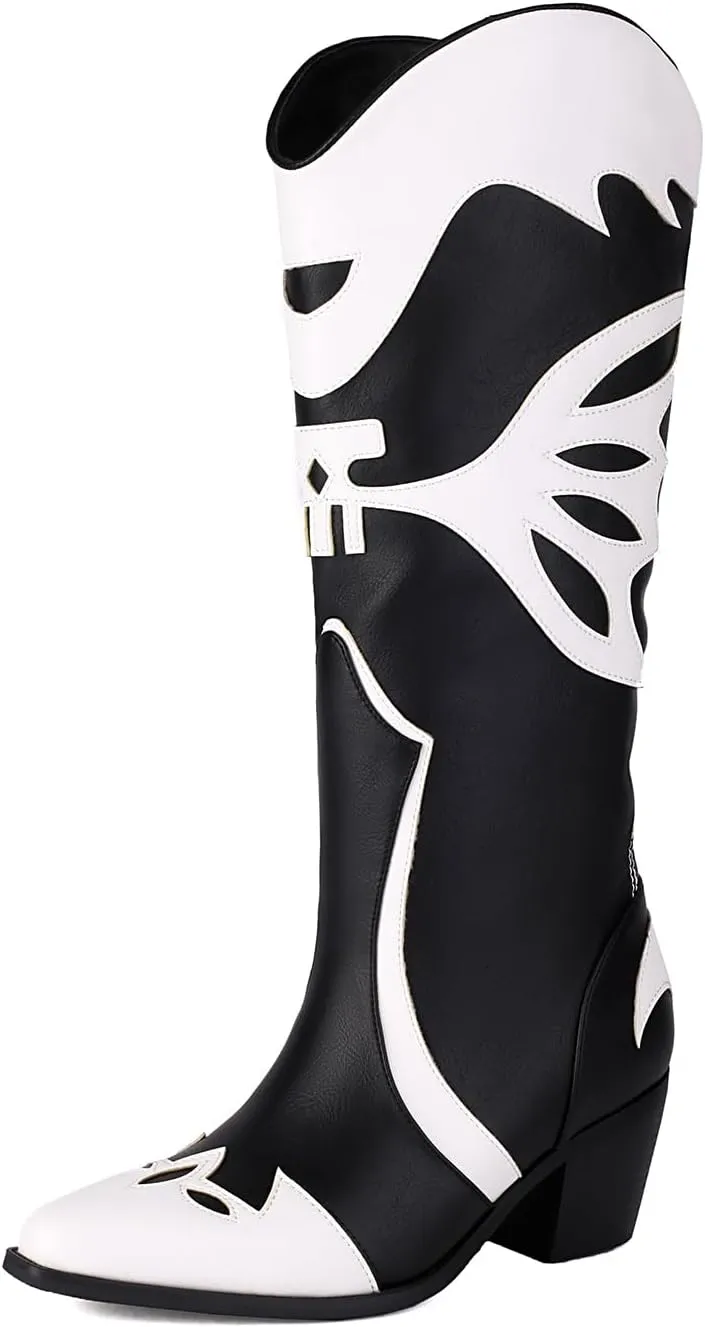 Butterfly Cowboy Boots for Women,Western Knee High Cowgirl Boot Vintage Sexy Pointed Toe Country boots Slip On Chunky Heel Girls Ladies Shoes.