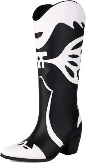 Butterfly Cowboy Boots for Women,Western Knee High Cowgirl Boot Vintage Sexy Pointed Toe Country boots Slip On Chunky Heel Girls Ladies Shoes.