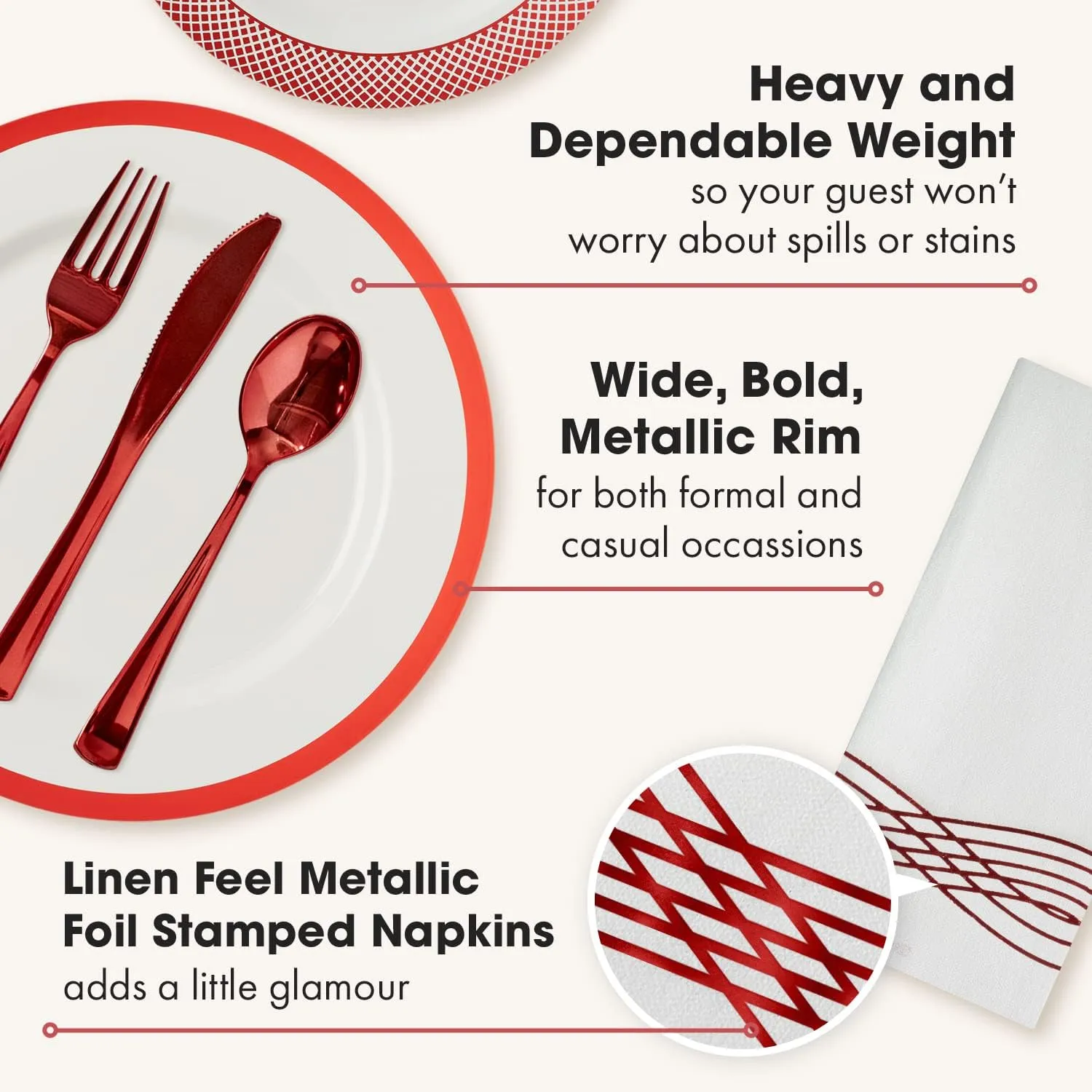 By Madee HEAVYWEIGHT 175 Pc White and Red Plate for Party - Elegant Disposable Dinnerware Set for Wedding, Showers... | High Style, Low Maintenance (25 Guests)