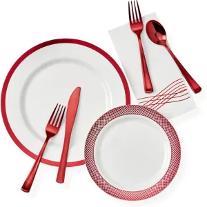 By Madee HEAVYWEIGHT 175 Pc White and Red Plate for Party - Elegant Disposable Dinnerware Set for Wedding, Showers... | High Style, Low Maintenance (25 Guests)