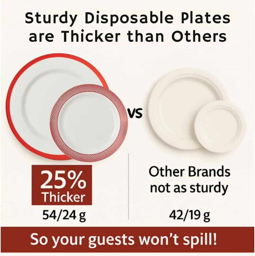 By Madee HEAVYWEIGHT 175 Pc White and Red Plates for Party - Elegant Disposable Dinnerware Set for Wedding, Showers... | High Style, Low Maintenance (25 Guests)