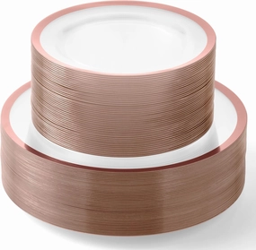 By Madee PREMIUM 100Pc Clear Rose Gold Party Plates for Party - 50 Dinner & Dessert Plates with Metallic Trim - Extra-Heavy 30% Thicker for Sturdy, Spill-Free Celebration (50 Guests)